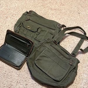 Set of two army green canvas purses with wallet